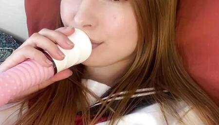 baby in Japanese school uniform jerks off a tight sweet pussy