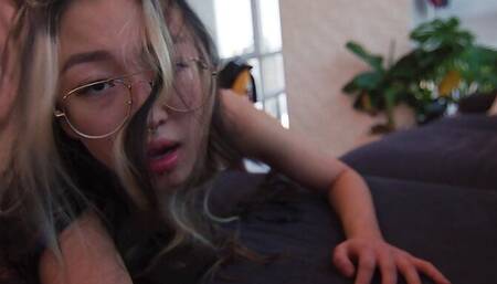 Petite Asian girl comes over to suck cock and get railed