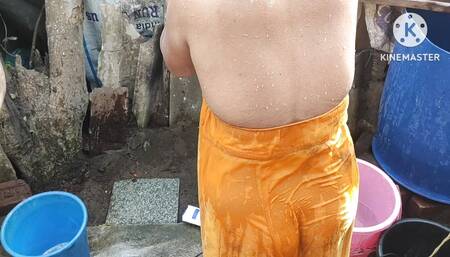 Anita yadav bathing outside with hot boobs