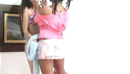 Playful lesbian teens stripping off