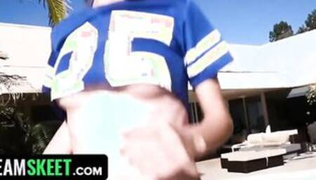 Cute Girl In Football Outfit Getting Her Gigantic Natural Hooters Oiled Up