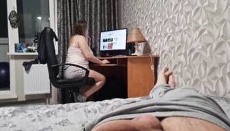 Stepmom came inside my room, I'm jerking off a cock, she looks and want suck my penis
