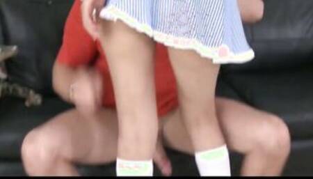 Skinny teen skank in a short skirt gets nude to riding gigantic-cock