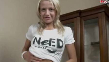 Big dick fucks the tiny ass from a slender blonde chick