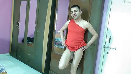 Hot sissy crossdresser in hot red dress shows her booty and cock.