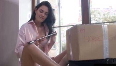 Goddess dark haired spanks her bare twat and booty with a rides crop