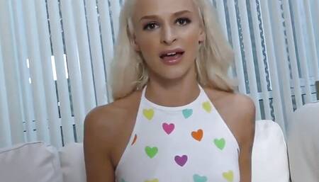 POV skinny BJ babe talks dirty while sucks stiff hard dick