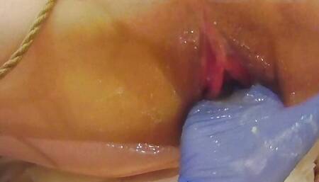 Fist training. Amateur homemade: Man's fist in a restrained female pussy... A screaming orgasm when the uterus is p...