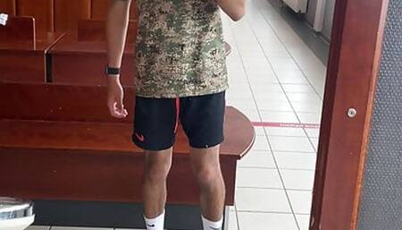 boy uses gym toilet after workout