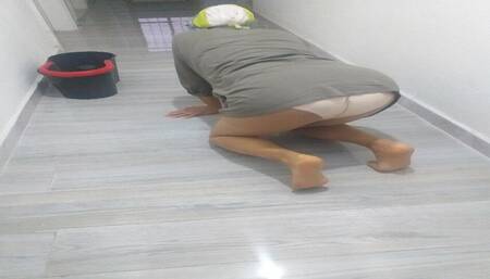 Sexy maid in hijab showing off white panties