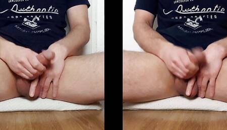 Hot VR POV of great cock and big balls guy masturbate in front of you and finish with huge cumshot fountain