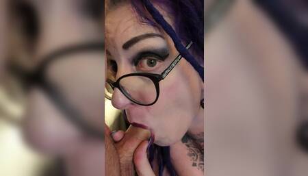 Milf wearing glasses and red lips loves sucking cock
