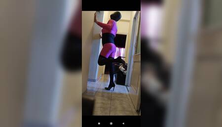 Pink lycra catsuit with heels