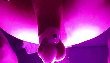 Caged sissy rides on bbc dildo