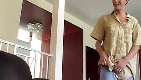 Gorgeous babe with perky tits deep throats and takes cock in living room