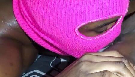 Eating her shaved black pussy