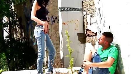 A slim German teen with dark hair gets banged outdoors