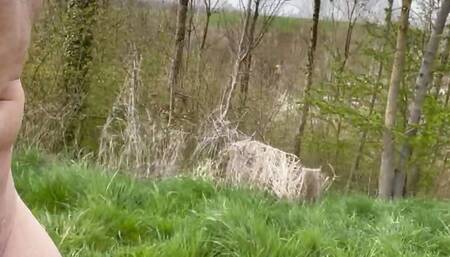 Walking full naked  in a field near parking lot