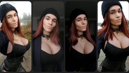 Sexy crossdresser in rainy latex afternoon walk