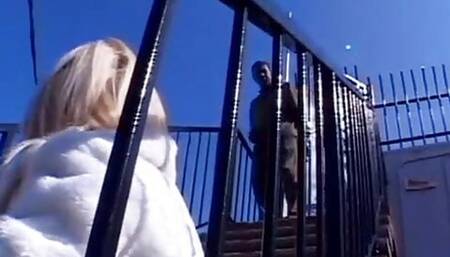 Sexy blonde babe on couch sucking and banging chocolate dong