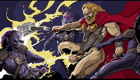 Parody,  mythological cock of thunder in cock fight against dark cocked elves.