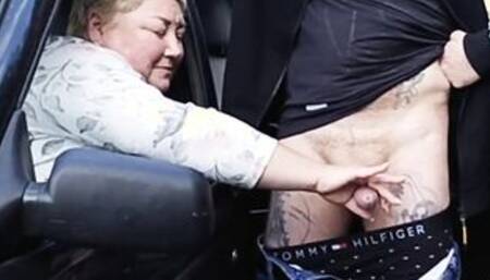 older bitch jerks off my cock on the side of the road to a creampie