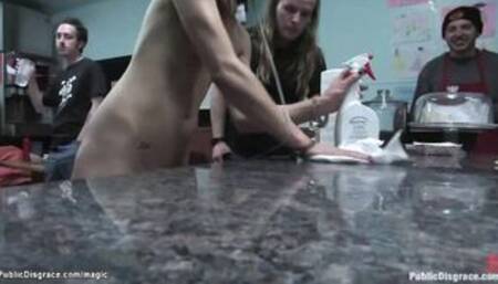 Skinny slut gang banged in restaurant