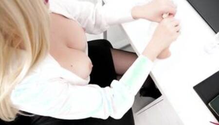 Passionate secretary jizzes loudly at her desk from 2 sex toys