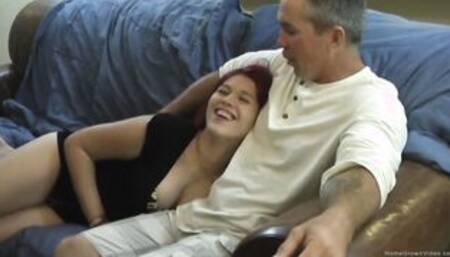 Chubby red haired Amie blows and fucks 2 old guys