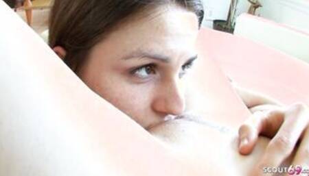 Redhead freckled Pure 18 Year Old got help by Classmate with Dyke Sex