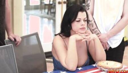 Horny stepmom takes her two stepsons big hard cocks