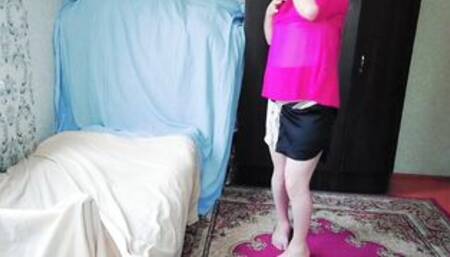 Pink Shirt Ebony Mini Skirt White Legs Sissy Crossdresser Tgirl Long Booty Women Homosexual Lady Boy Lesbo