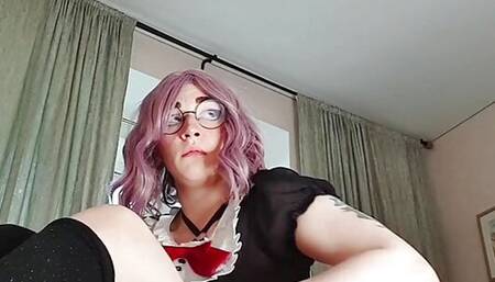 Shy maid found interesting toy on the floor and decided to ride it :P
