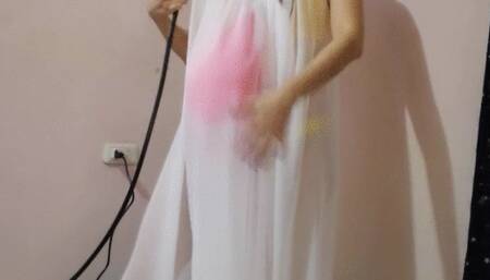 Giant balloon stuffing in nightgown