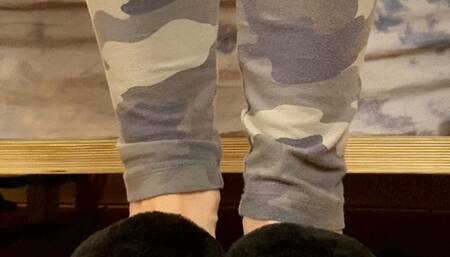 furry ugg slipper dangle, white milf toes, wrinkled soles