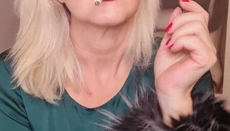 Smokerqueenjoan smoking close up in satinblouse with lots of creamy smoke and shiny red lips