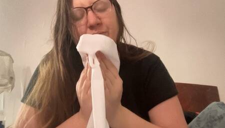 Sneezing and nose blowing into hanky feb 23