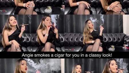 Angie smokes a cigar for you in a classy look!