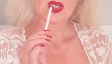 Smoker Mummy smokes Capri 120s and looks like an angel*lace blouse*red fingernails*red lipstick*eye glasses*elegant smoking*classic smoke*