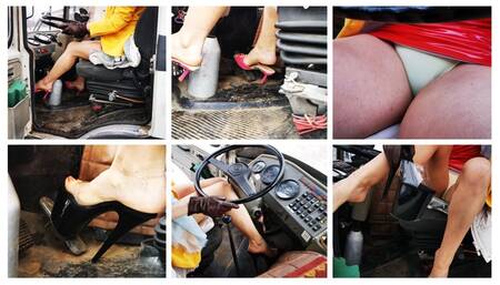 Hard revving in russian PAZ bus in 8 inch high heel mules UPSKIRT