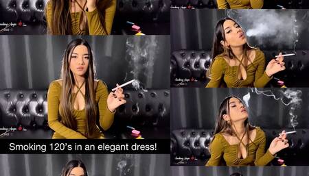 Sensually smoking 120s cigarette in an elegant olive dress!