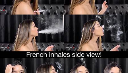 Bare shoulders, French inhales and nose exhales side view close up!