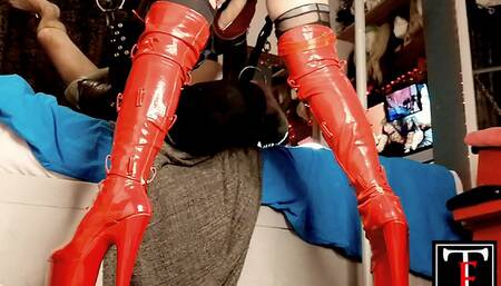 P5 VALENTINES DEEPTHROAT RIMMING BLACK AND RED OUTFIT 10INCHES PVC BOOTS HEELS SESSION