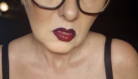 Smoker Mummy Corkcigarette Close up smoke with and without eyeglasses, dark red glossy lipstick