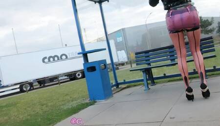 Latex pierced doll transparent stockings and skirt inserts but plug in the city and walks fucks and pee  in public Part IV