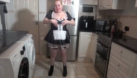 Striptease French Maid in fishnet stockings and suspenders