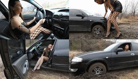 Nastya driving to the party and getting hard stuck