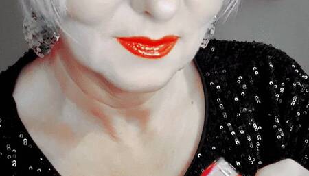 Smoker Mummy do chain smoke with deep powerful inhalations with lots of white smoke close up, in focus the red shiny lips and fingernails