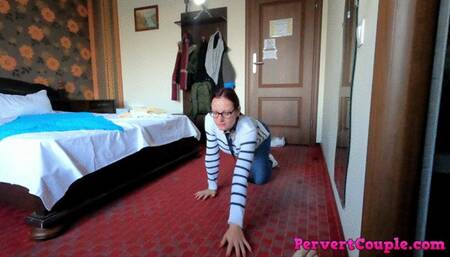 Milf with belt around her neck getting her throat fucked deep and rough