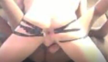 COCK RESTRAINED AND ASSHOLE OPENED WIDE WITH TAPE WHILE CUMMING